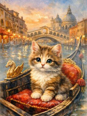 8x10 Adorable Kitten in Venice Gondola Watercolor Oil Painting Fantasy Art Print
